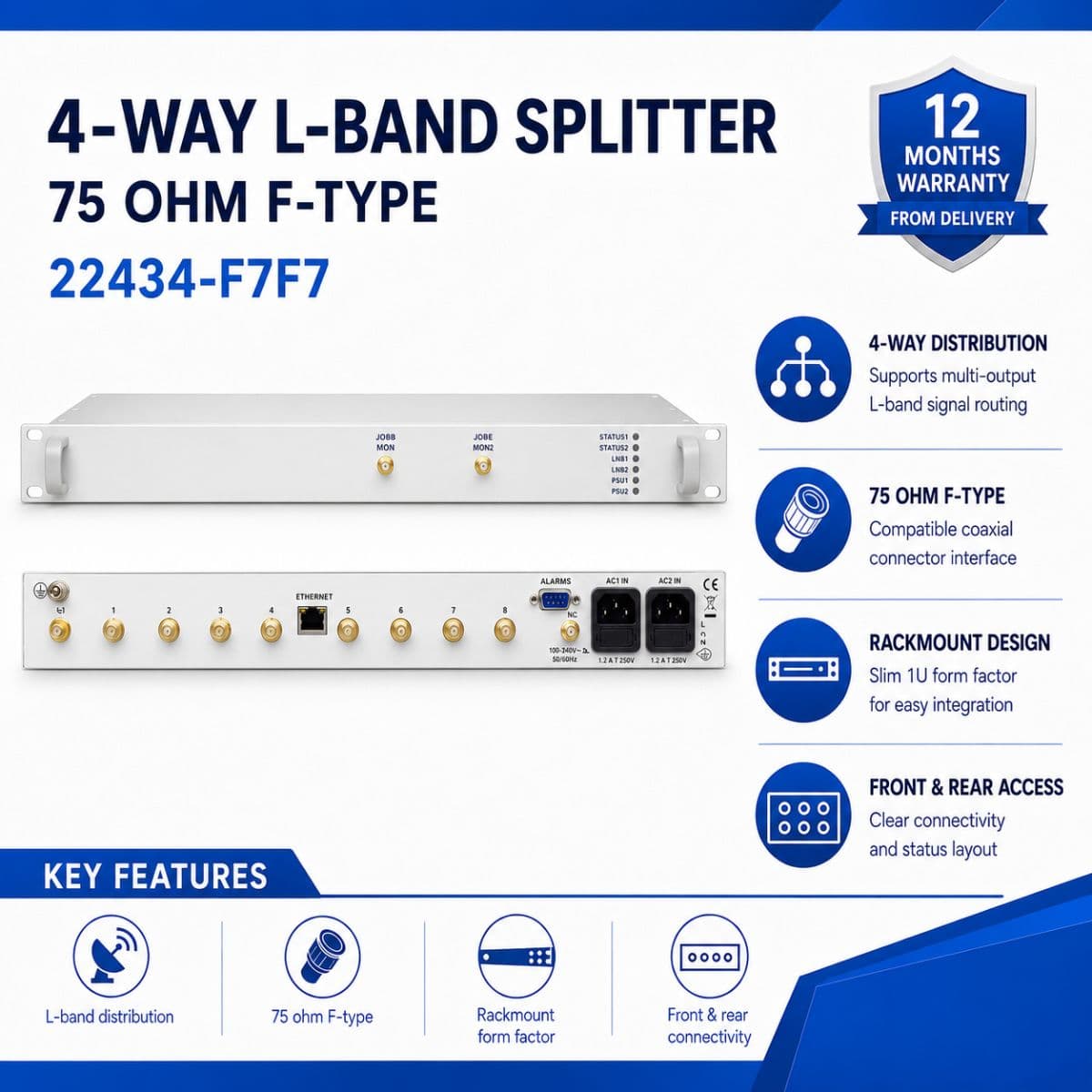 4-way L-band Splitter, 75 ohm F-type  22434-F7F7